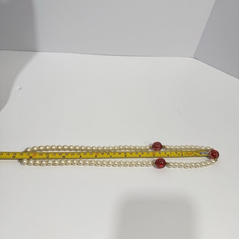 Vintage Faux Pearl Necklace with Large Red Lucite Glass Beads & Gold Accents - Picture 11 of 11